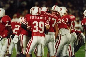 Brett Popplewell breaking the Husker huddle
