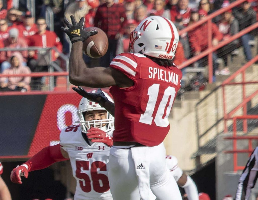JD Spielman pulls in in a pass from Adrian Martinez