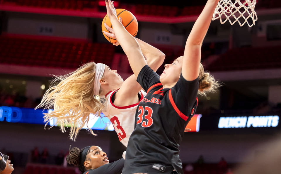 Britt Prince draws foul while shooting against Rutgers